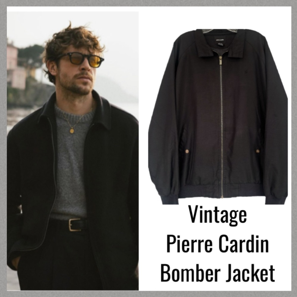 Lightweight Jacket Vintage 80s 90s Pierre Cardin Retro Zip Up Black Size Large